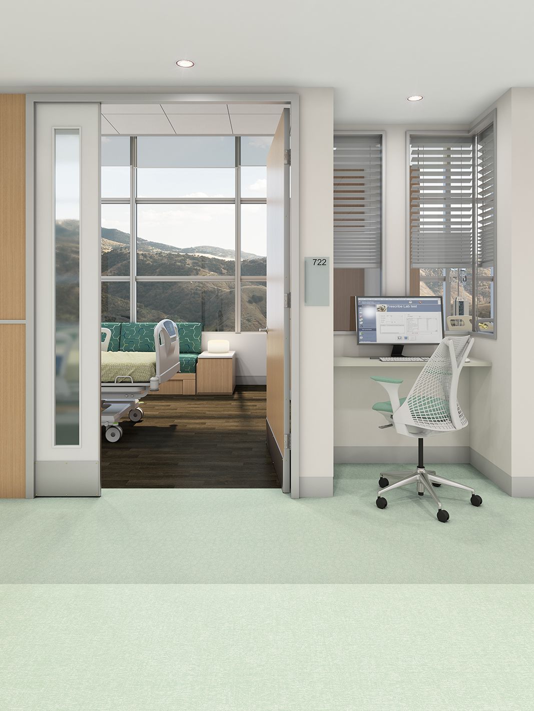 Interface's Spike-tacular, Bloom with a View and Continual Woodgrains vinyl sheet in hospital corridor and patient room image number 4
